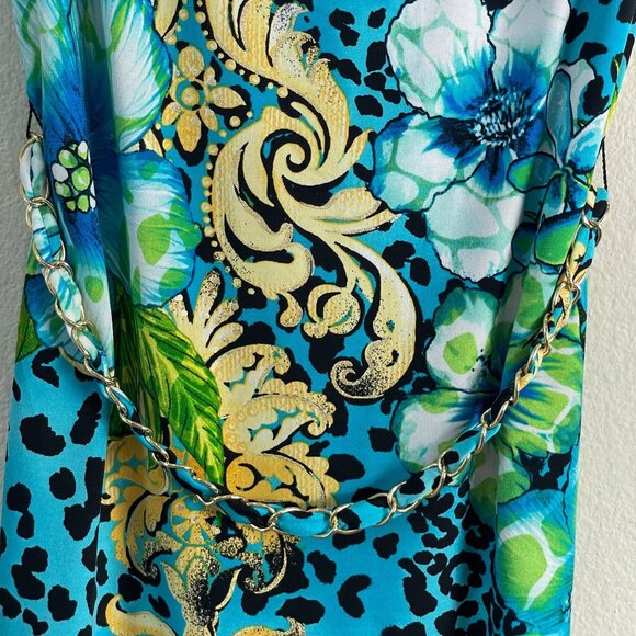 Cache Womens Medium Blue Floral Leopard Print Sleeveless Sheath Dress Chain Belt - Picture 9 of 12